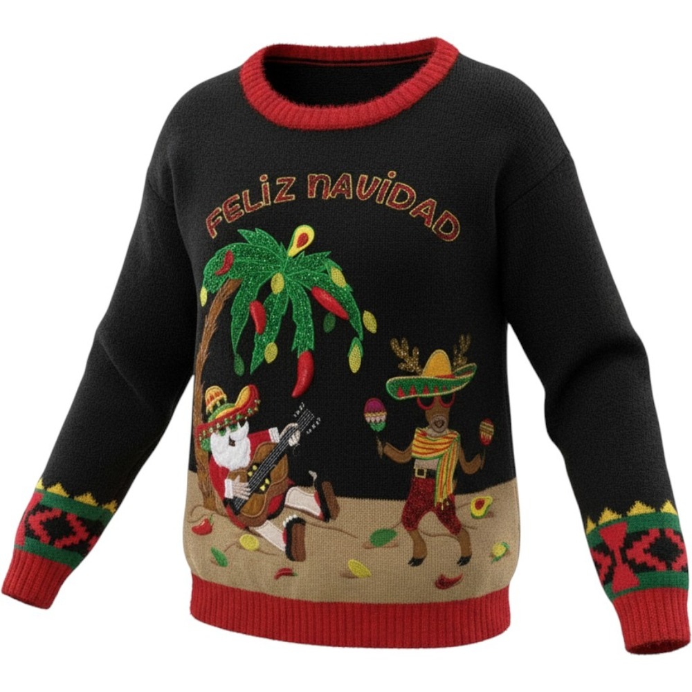 Holiday Time Feliz Navidad Ugly Christmas Sweater 16W 18W Black Sequin Santa